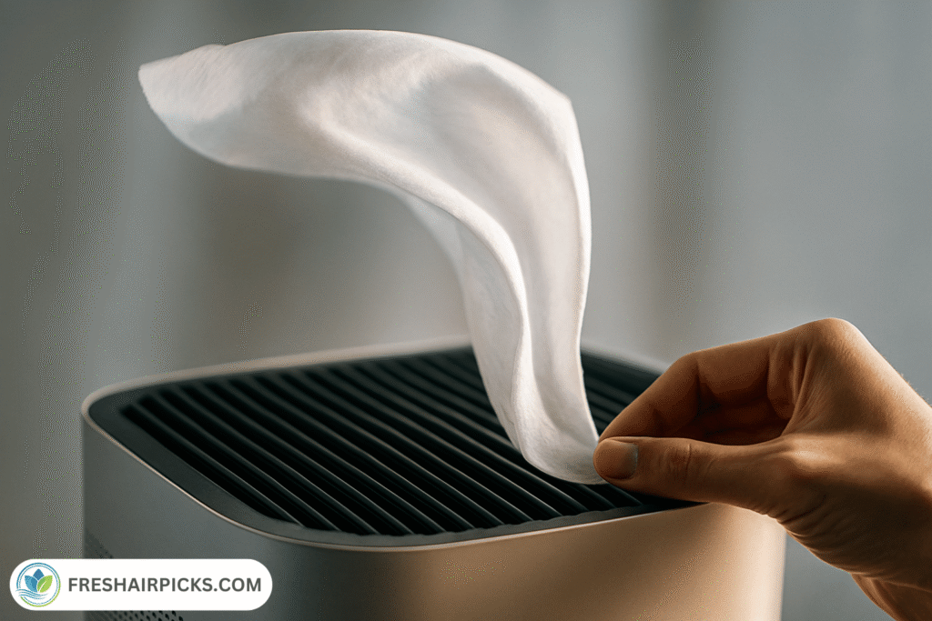 Hand holding a white tissue over an air purifier exhaust vent showing strong airflow lifting the tissue.