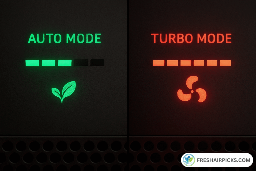 Close up of air purifier display panel showing Auto Mode with low power green leaf icon versus Turbo Mode with full power red fan icon.