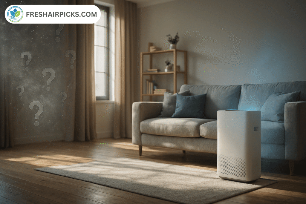 Living room interior showing hazy, dusty air with floating question marks on one side and crystal clean air near a purifier on the other.