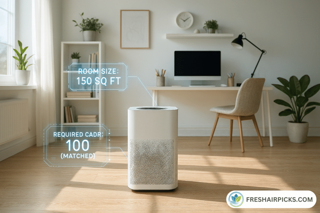 Modern room with holographic data overlay showing a 150 sq ft room size matching perfectly with a 100 CADR air purifier.