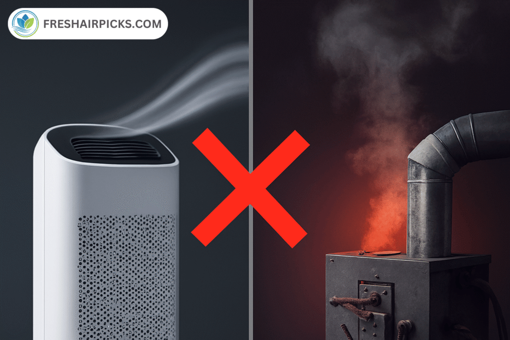 A split image showing an air purifier on one side and a furnace emitting carbon monoxide on the other, separated by a red X to show it's not effective.