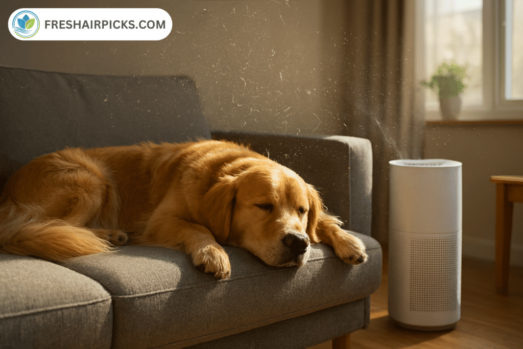 A modern white air purifier in a living room actively capturing floating pet hair and dander, while a golden retriever sleeps on a nearby couch.