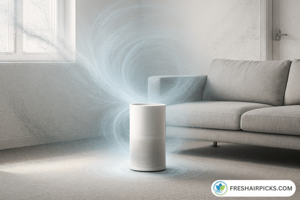 3D illustration showing how an air purifier pulls in invisible dust particles from windows and creates a clean air vortex in a living room.