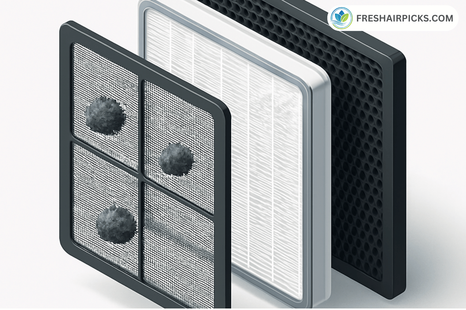 3D exploded view showing three filter layers: a mesh pre-filter, a white pleated HEPA filter, and a black carbon filter.