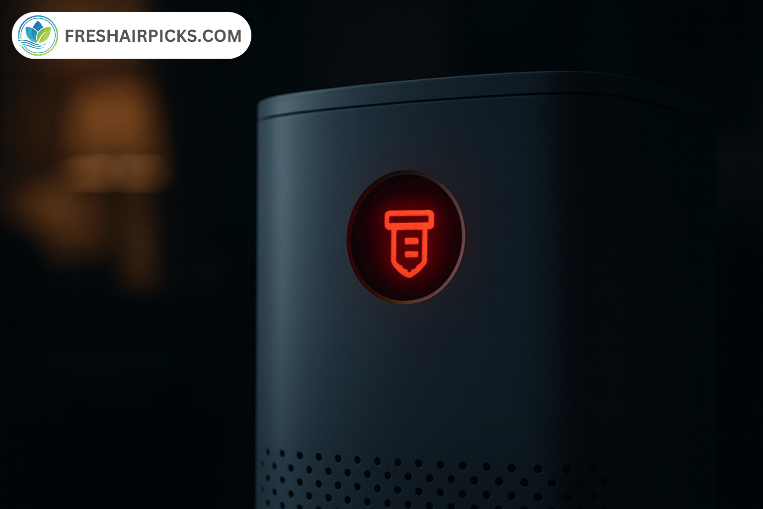 Close-up view of the glowing red filter replacement indicator icon on the front of a dark air purifier console.