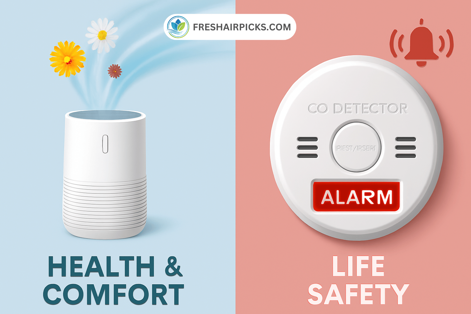 A comparison image showing an air purifier with flowers for 'Health & Comfort' on the left, and a CO detector with an alarm for 'Life Safety' on the right.