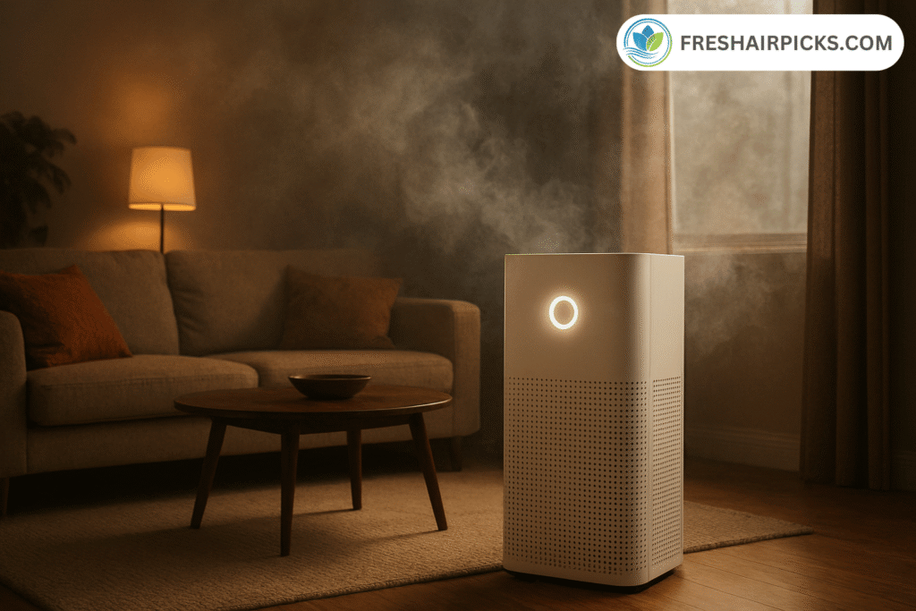 modern air purifier with a glowing circular light, standing in a cozy living room that is visibly hazy with smoke.