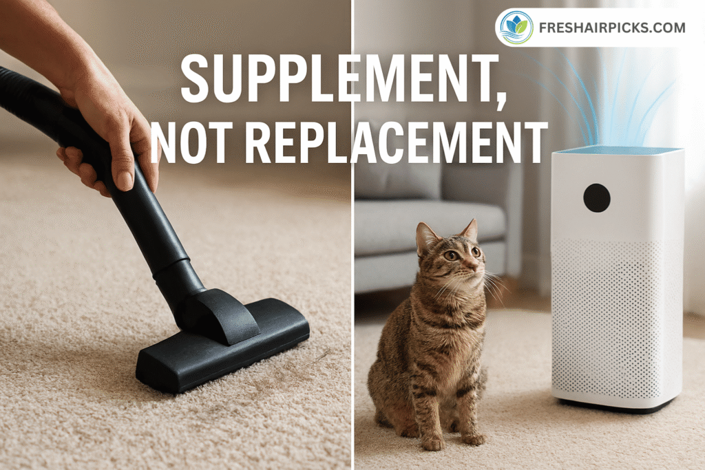 A split-screen image showing a vacuum cleaning pet hair from a carpet and an air purifier cleaning the air, with the text 'Supplement, Not Replacement'.