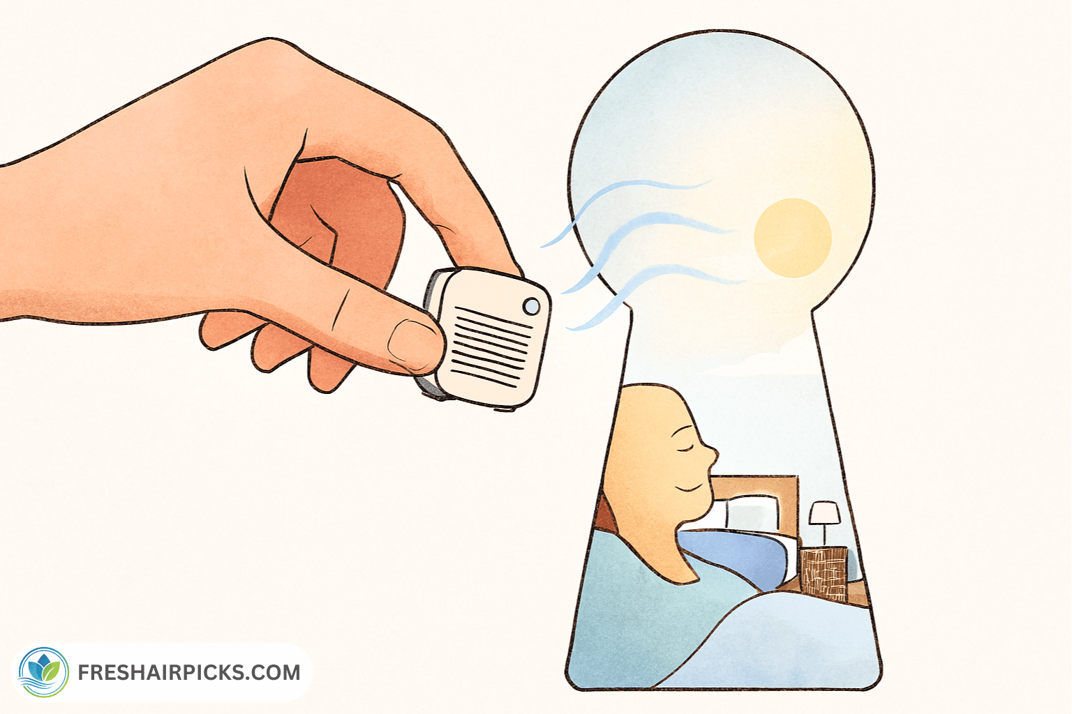 Conceptual illustration of an air purifier unit acting as a key opening a keyhole, which reveals a well-rested person and a bright, clean morning view.