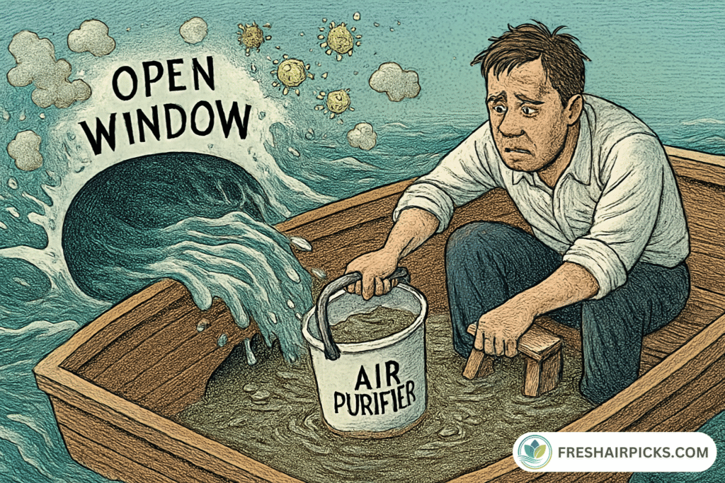 Illustration of a man bailing water with an air purifier bucket while an open window hole lets dirty water into the boat.