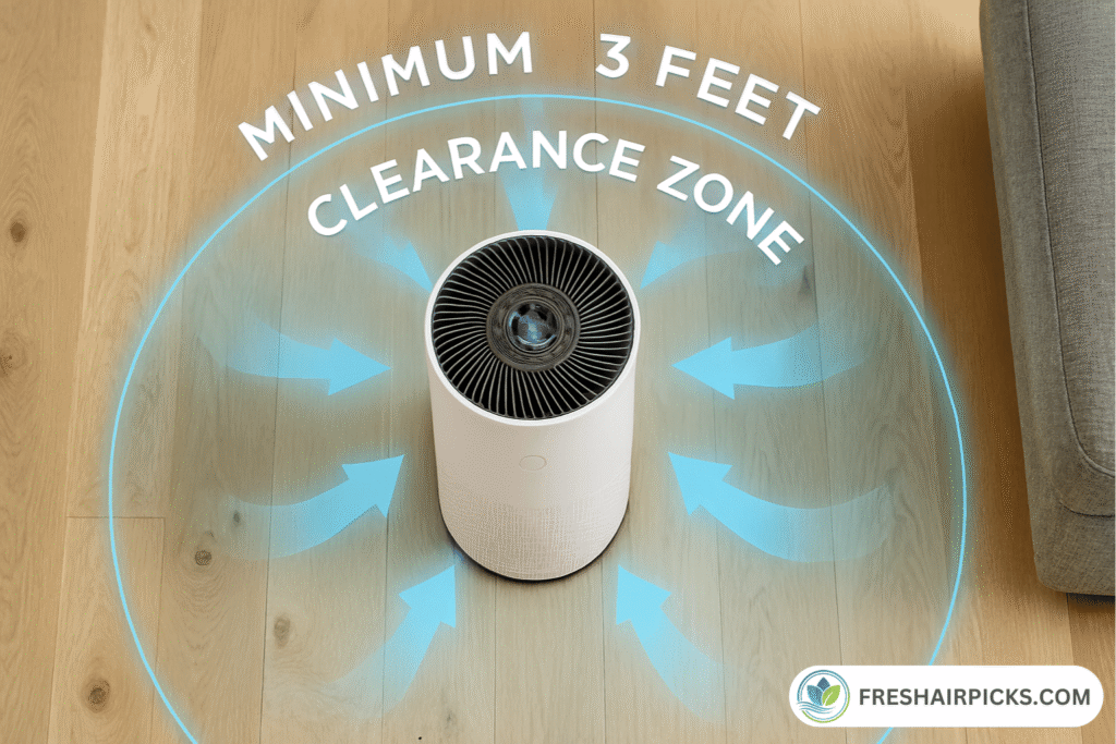 Top-down view of an air purifier showing a 3-foot clearance circle required for airflow.