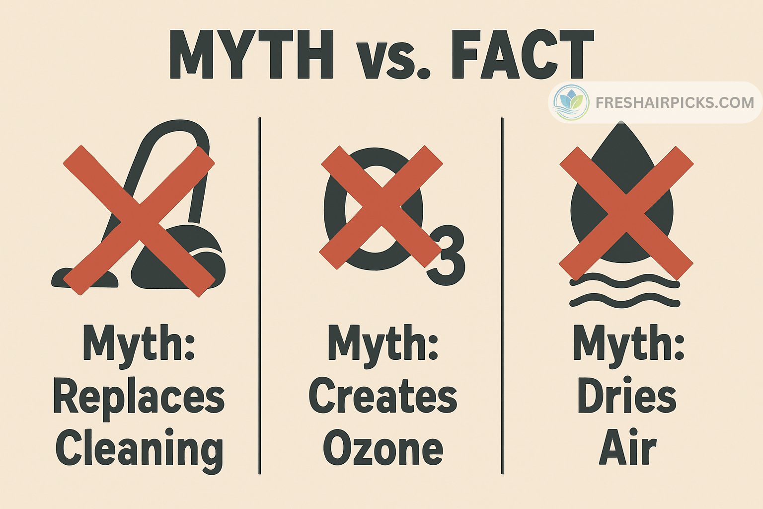 An image debunking 3 common air purifier myths: they do not replace cleaning, they do not create ozone, and they do not dry the air.