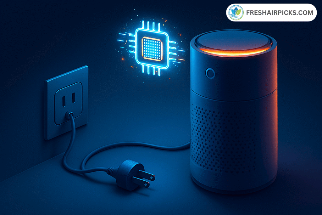 Illustration of an unplugged air purifier with a glowing digital memory chip icon indicating data is saved without power.