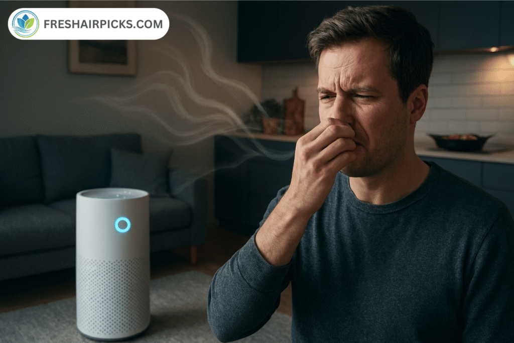 A frustrated man pinching his nose, showing disappointment as his air purifier in the living room fails to remove a lingering cooking smell.
