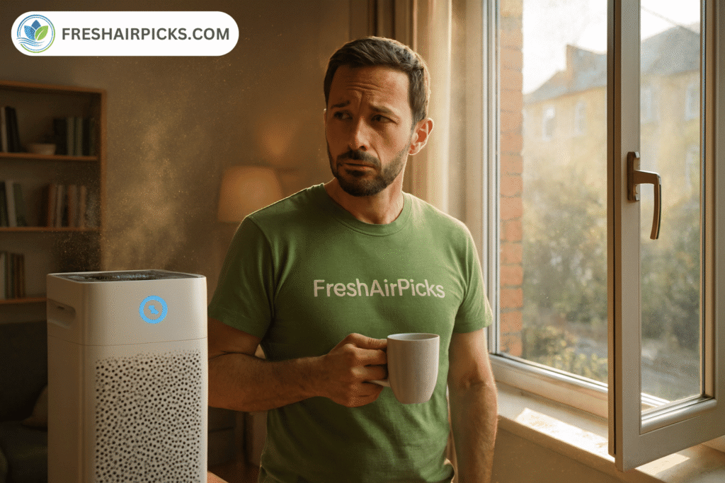 A confused man holding coffee standing between a HEPA air purifier and an open window with visible dust particles in sunlight.