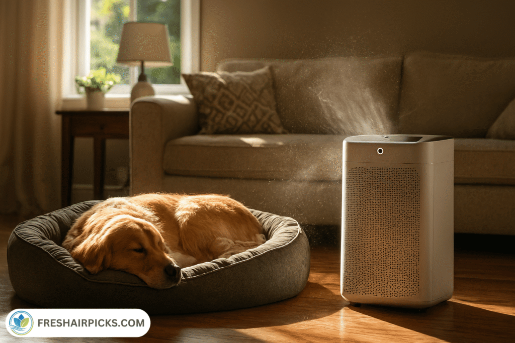 Air purifier placed next to a dog bed capturing visible dust and pet dander from a sleeping Golden Retriever.