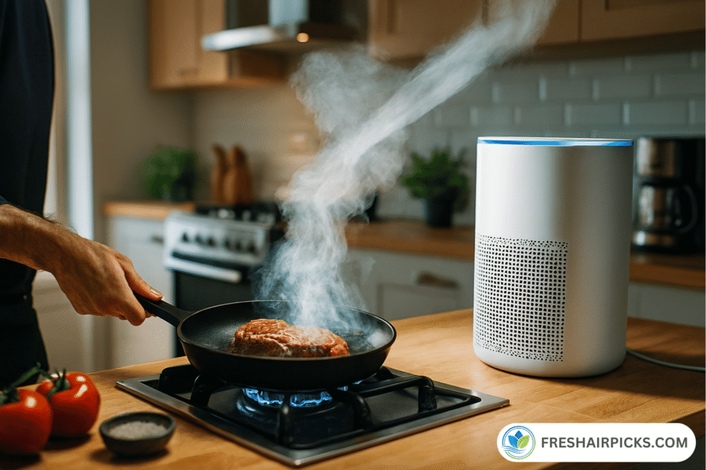 High power air purifier actively capturing smoke and steam from searing steak in a modern kitchen.