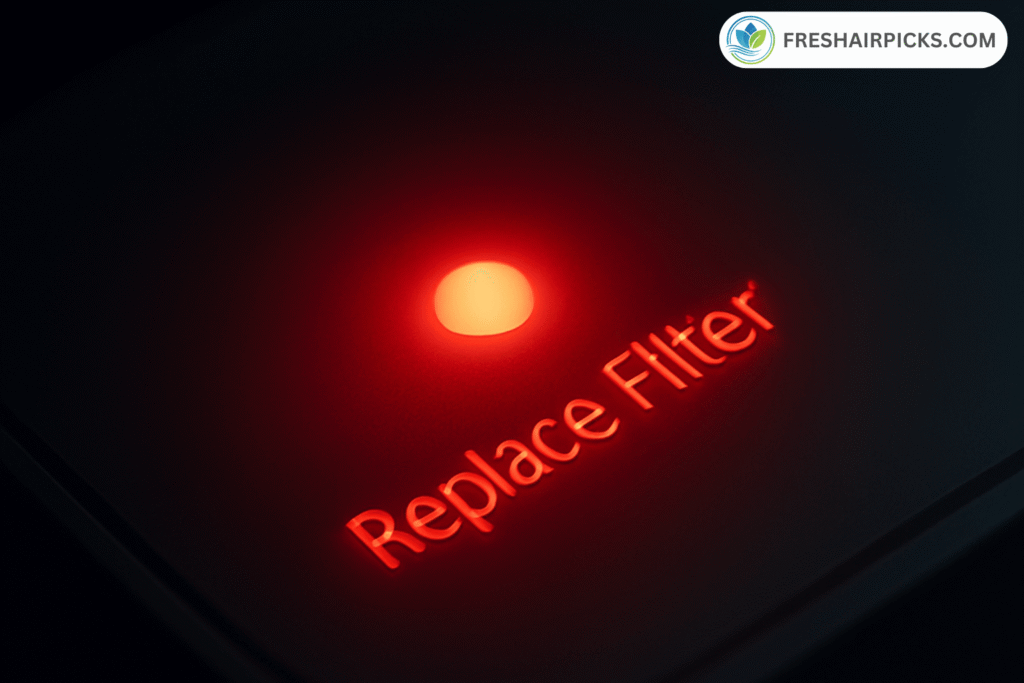 Close-up of a glowing red 'Replace Filter' warning light on a black air purifier control panel.