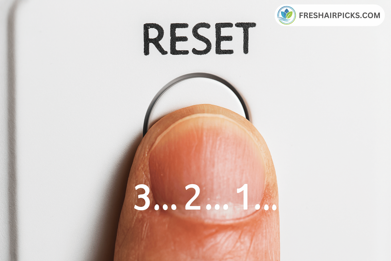 Finger pressing and holding the reset button on an air purifier interface with a 3-second countdown timer overlay.