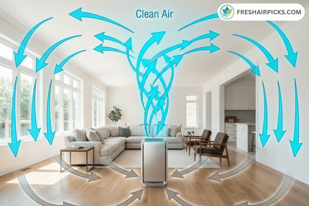 Illustration of how an air purifier creates a room-wide air loop by pulling dirty air from the floor and circulating clean air upwards.