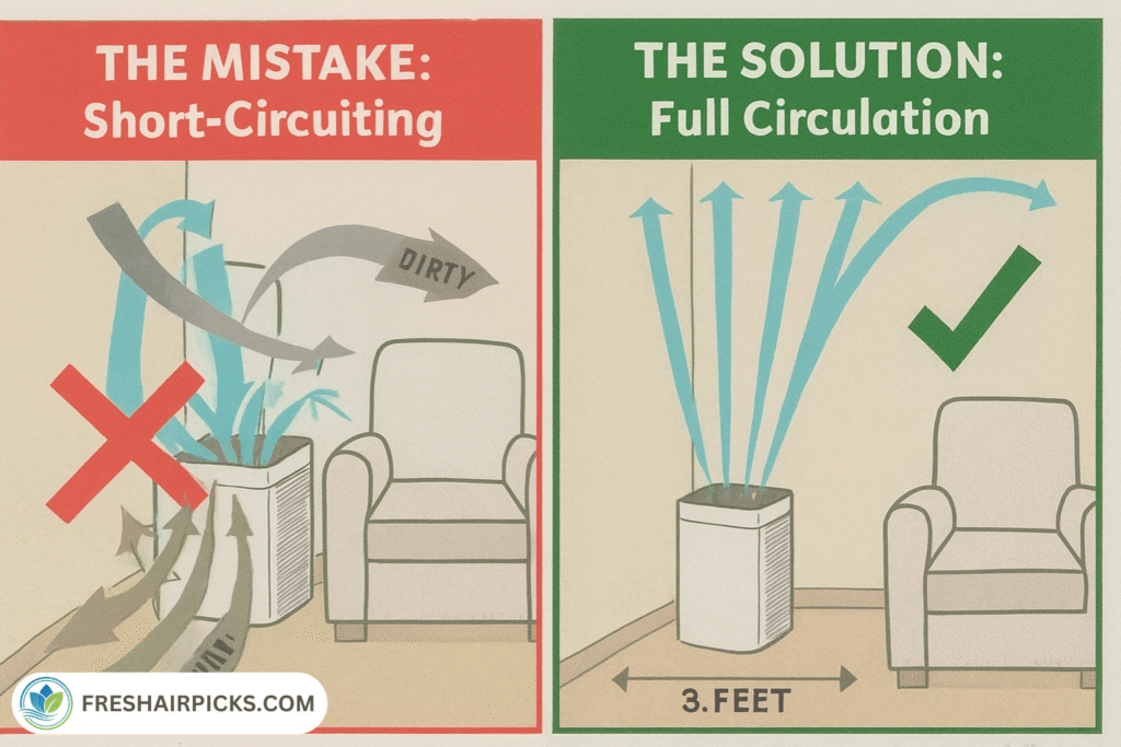 Diagram comparing wrong air purifier placement causing short-circuiting versus correct placement for full room circulation.