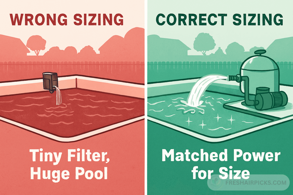 Illustration comparing a small aquarium filter in a large dirty pool versus a large matched filter in a clean pool, explaining CADR sizing importance.