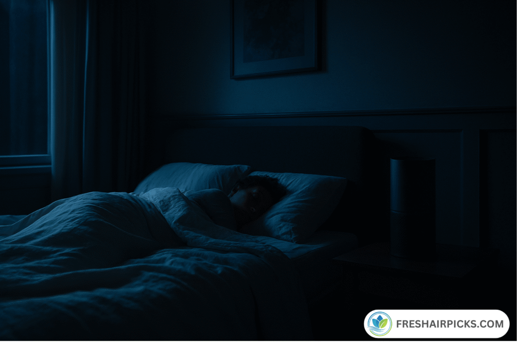 Air purifier running quietly on sleep mode in a dark bedroom while a person sleeps soundly.