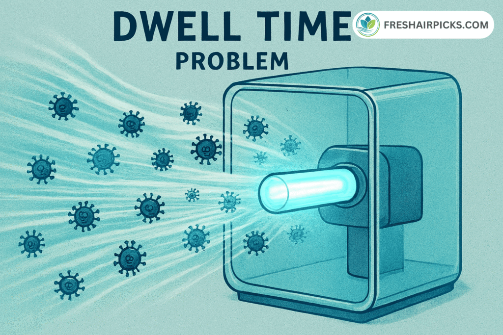 A diagram illustrating the 'Dwell Time Problem' in an air purifier, where fast-moving air prevents the UV light from neutralizing all airborne germs.
