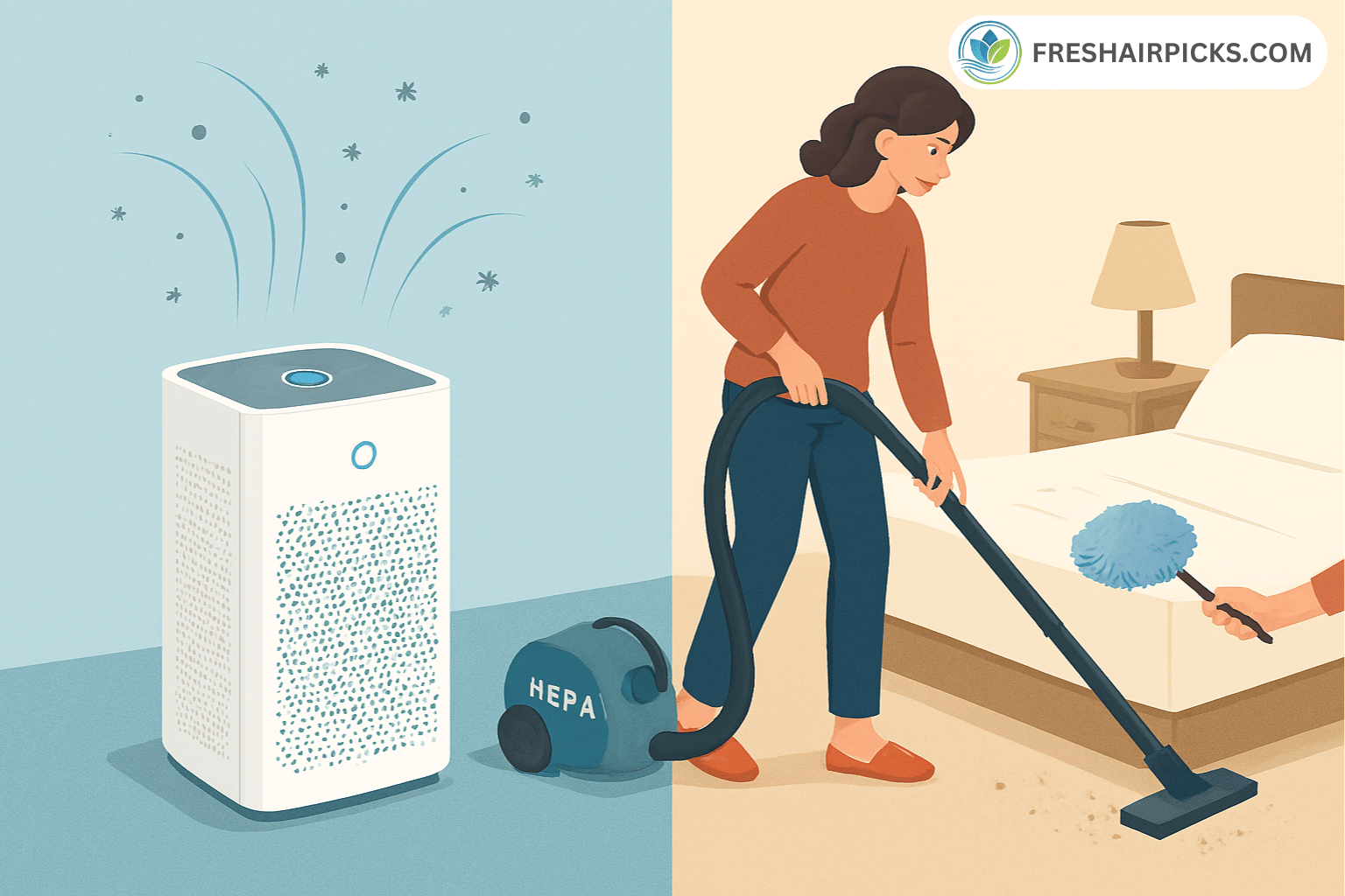 Illustration comparing an air purifier cleaning the air while a woman vacuums the bed for dust mites.