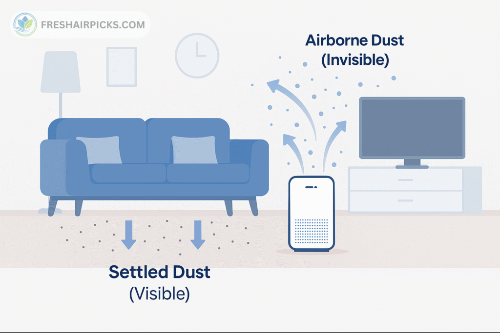 An infographic showing an air purifier capturing invisible airborne dust, while visible settled dust remains on the floor.
