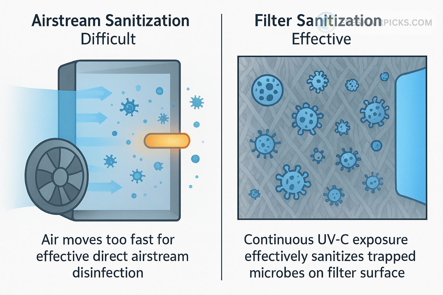 An infographic comparing 'Airstream Sanitization (Difficult)' with 'Filter Sanitization (Effective),' showing that UV light is best at killing germs trapped on the filter.