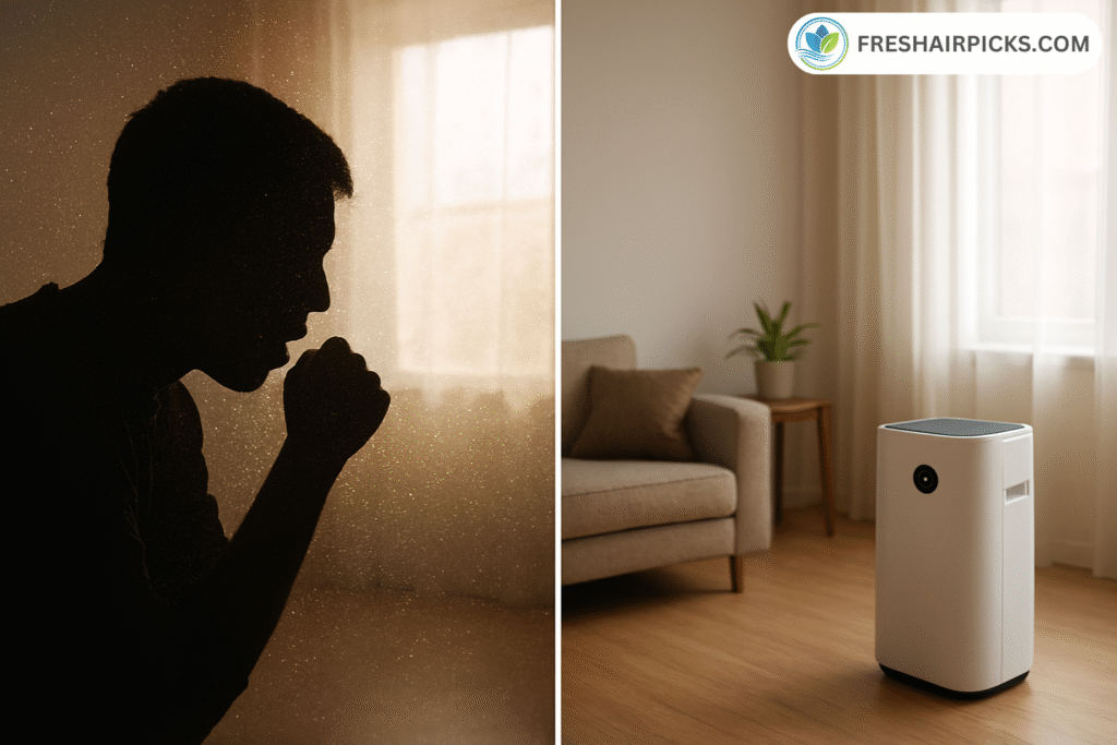 Split image showing a man coughing in dusty air versus a clean room with an air purifier.