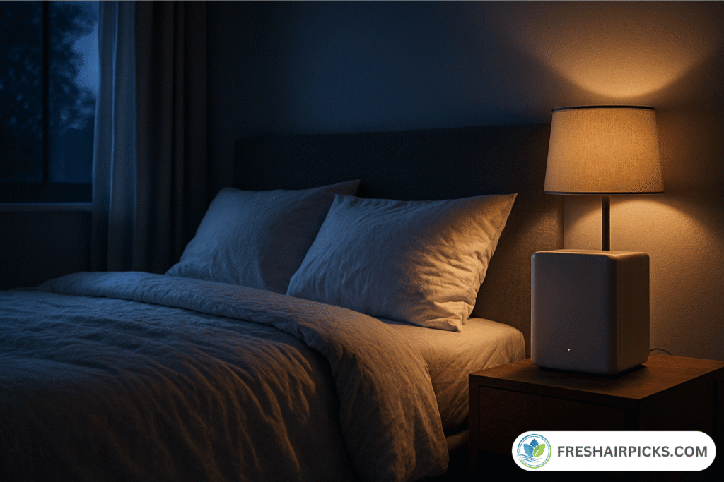 A whisper-quiet air purifier running on a nightstand in a dark, cozy master bedroom next to a bed.