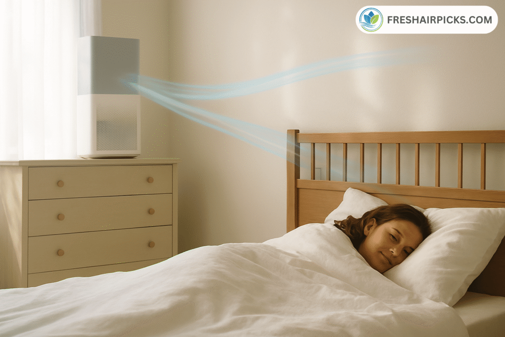 Air purifier on a dresser blowing clean air towards a sleeping woman's breathing zone.