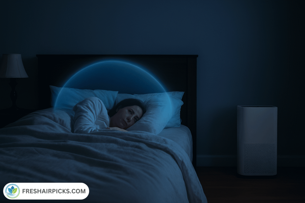Woman sleeping in bed with an air purifier placed 6 feet away creating a clean air bubble around her head.