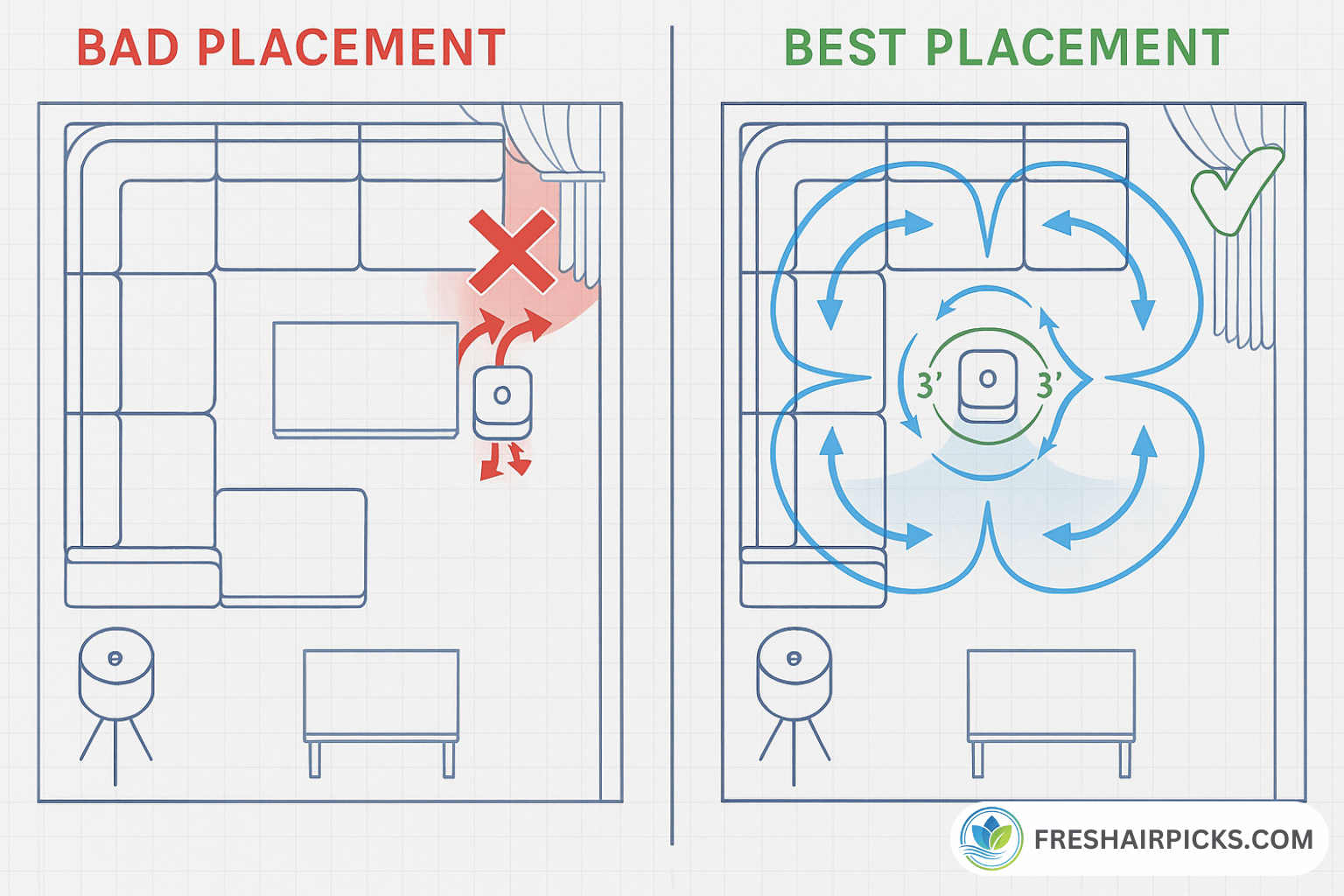 Diagram showing bad air purifier placement in a corner blocking airflow versus best placement in an open area with 360-degree circulation.