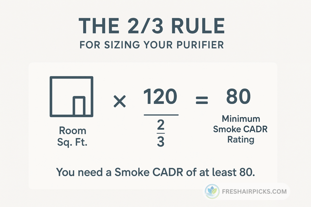 An infographic explaining the 2/3 rule for sizing an air purifier, showing a 120 sq ft room needs a minimum Smoke CADR of 80.