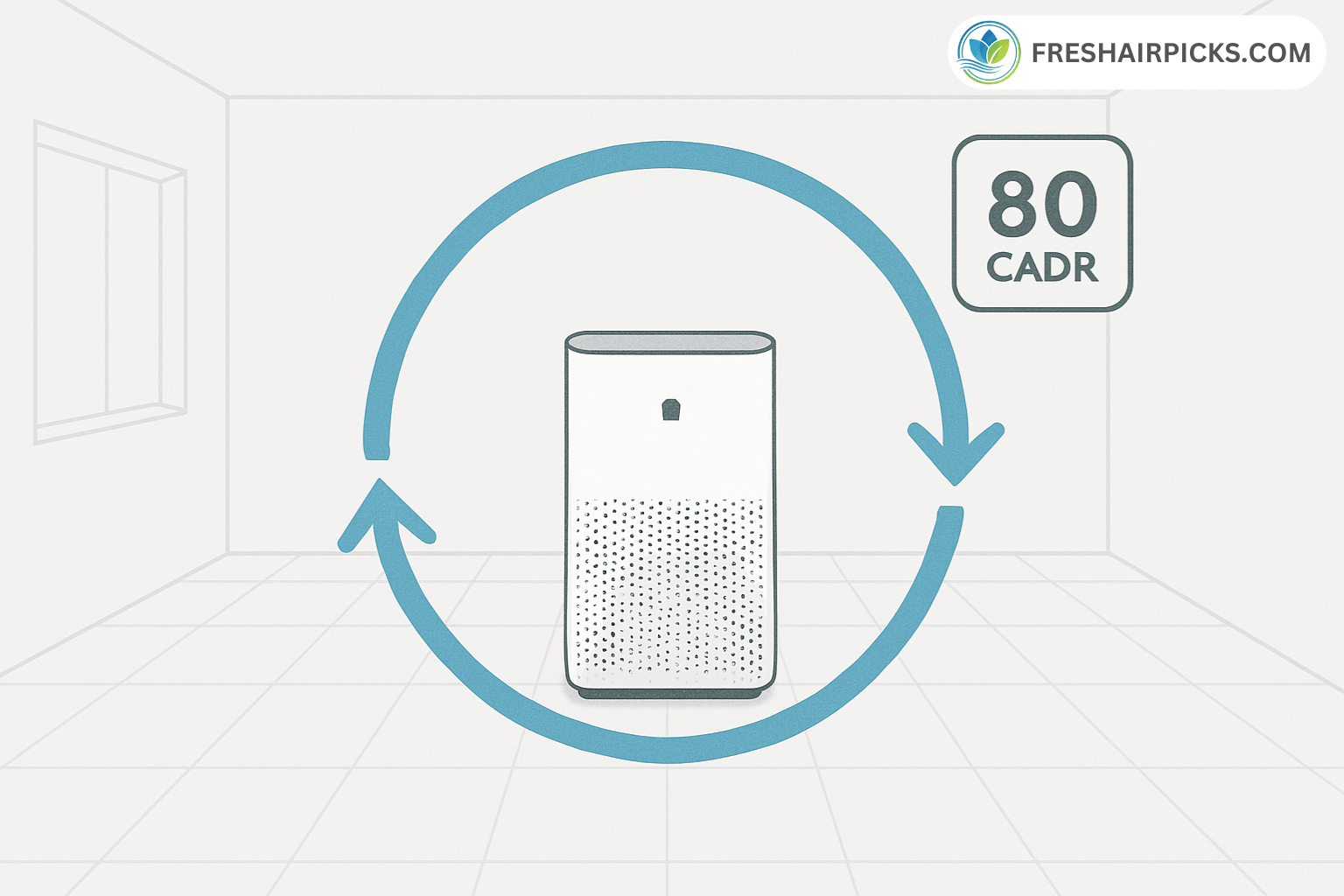 Illustration of an air purifier circulating air in a room with an 80 CADR rating badge.