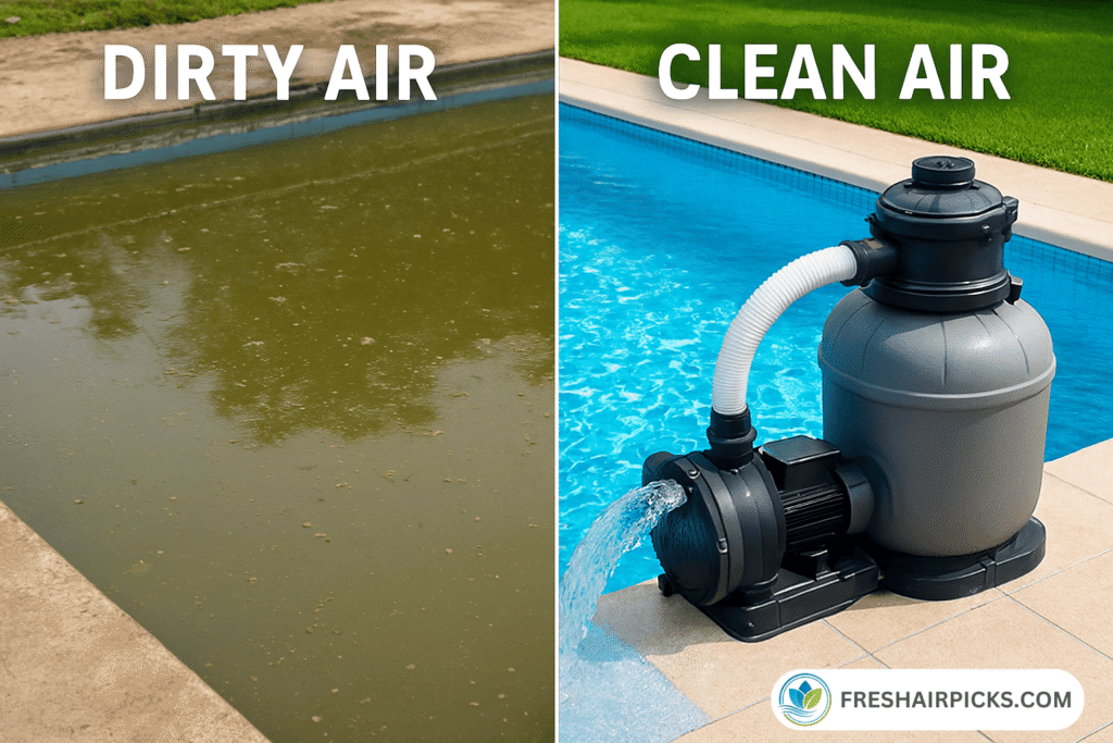 A split-image analogy comparing dirty air to a murky, dirty swimming pool and clean air to a crystal-clear pool being actively cleaned by a filter pump.