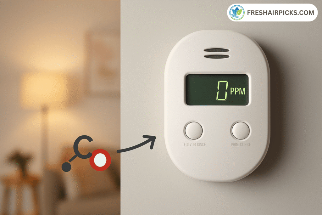 A modern carbon monoxide detector mounted on a wall, with its digital screen displaying '0 PPM' in green, indicating the air is safe from CO.