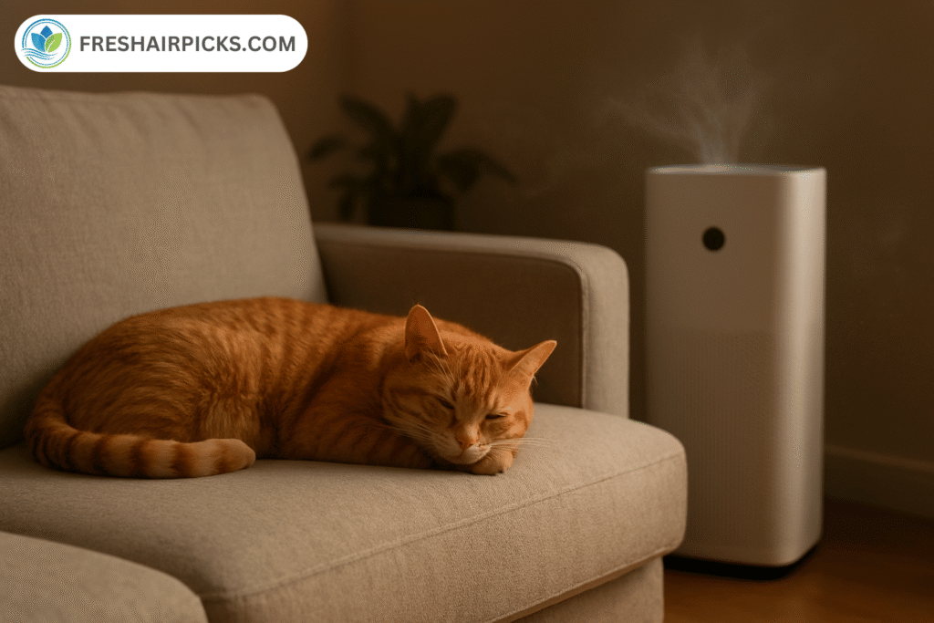 Orange tabby cat sleeping peacefully on a beige sofa with a white HEPA air purifier running in the background
