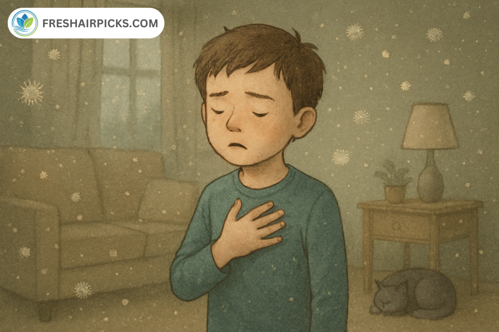 Illustration of a young boy looking uncomfortable in a room filled with floating dust and pollen particles.