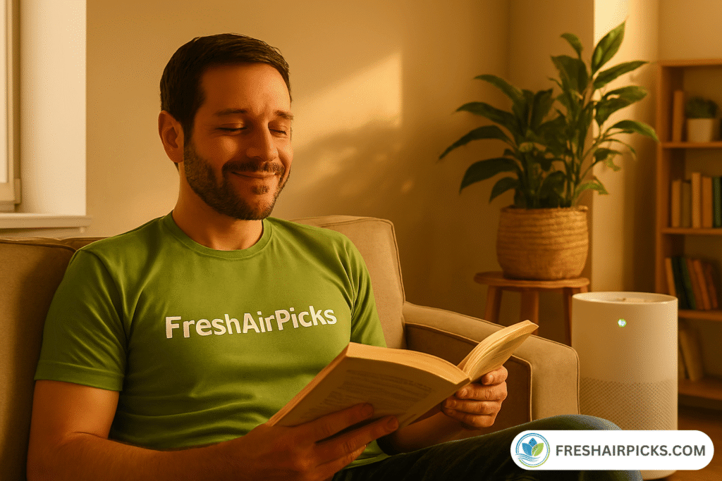 Happy man reading a book in a clean room with the window closed and air purifier running on auto mode.