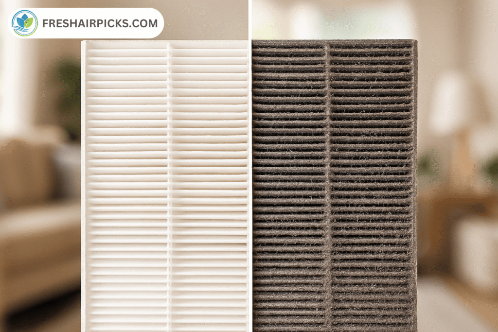Side-by-side comparison of a new white HEPA filter and an old clogged grey filter showing dust accumulation.