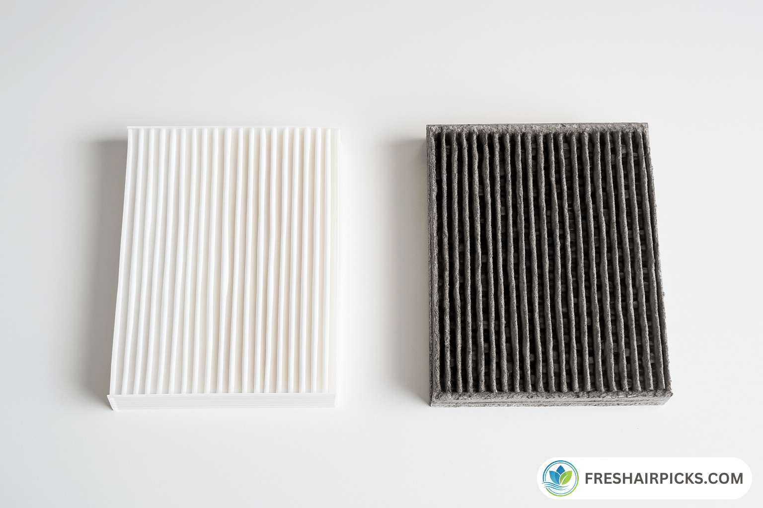 Side by side comparison of a brand new white HEPA filter and an old dark grey clogged filter.