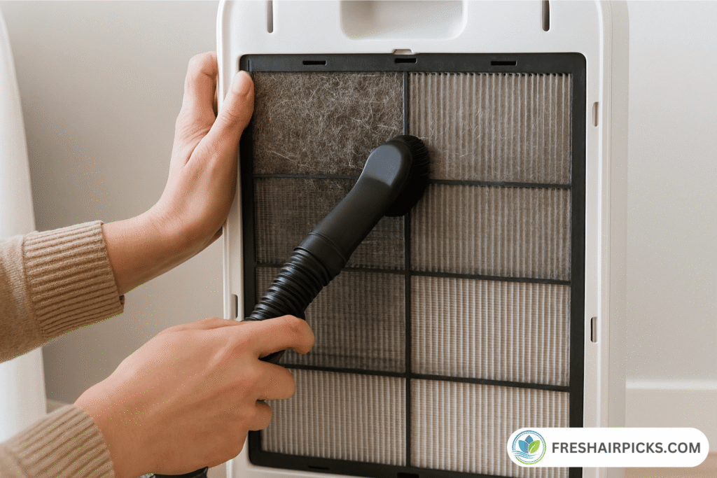Hands using a vacuum brush attachment to clean dust from a grey mesh pre-filter of an air purifier to extend HEPA filter life.