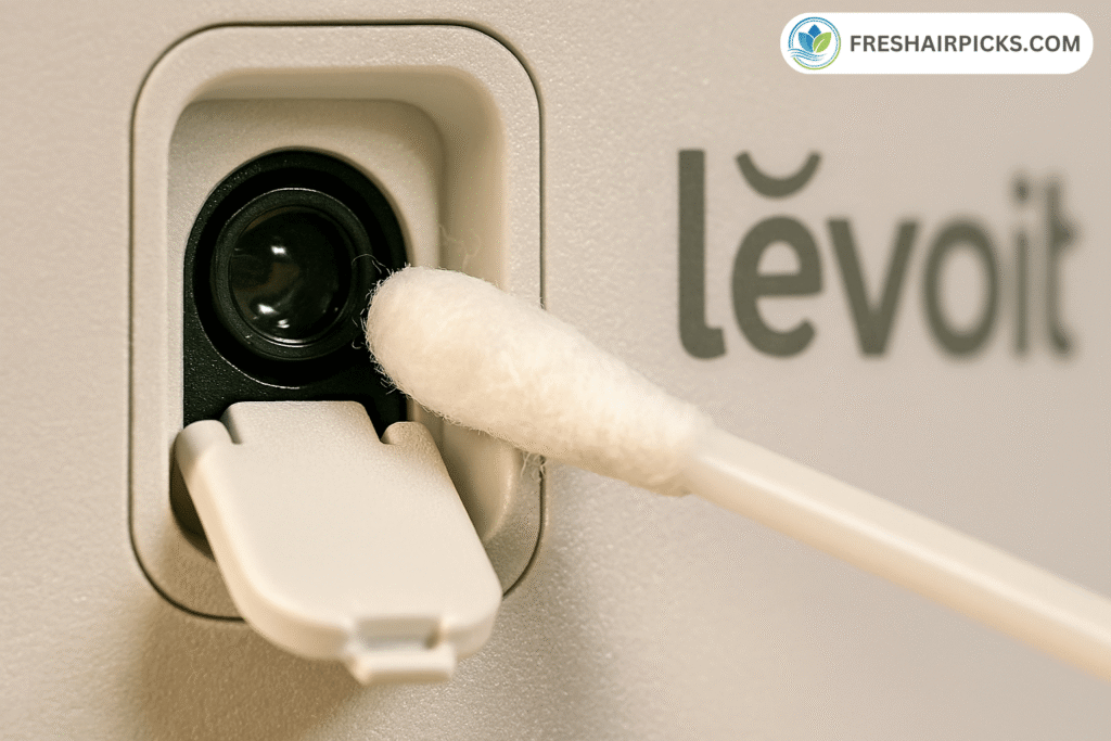 Cleaning the laser dust sensor lens on Levoit air purifier with a cotton swab.