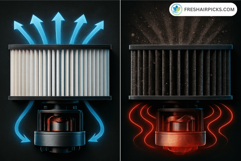 Comparison showing a clean air filter with blue airflow versus a dirty clogged filter causing red motor overheating.