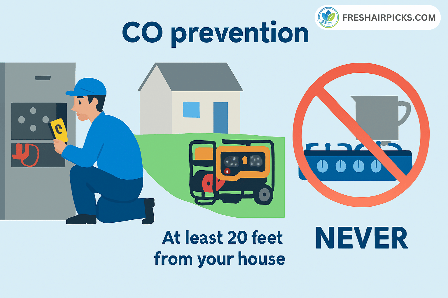 A CO prevention infographic showing three key safety tips: have a technician inspect your furnace, keep generators 20 feet from your house, and never use a gas stove for heat.