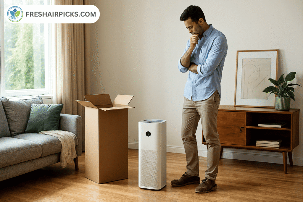 Man standing in a living room thinking about where to place his new air purifier.